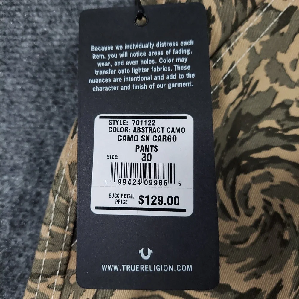 True Religion Cargo Pants Mens 30x32 Abstract Camo Green Swirl 701122 NEW
